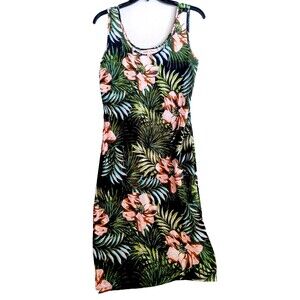 Harlow & Rose Tropical Floral Mid Dress Sz S Sleeveless Palm Print Pink/Green